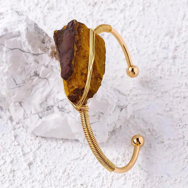 Irregular Crystal Raw Stone Wire-Wrapped Open Bangle - Shinepurity