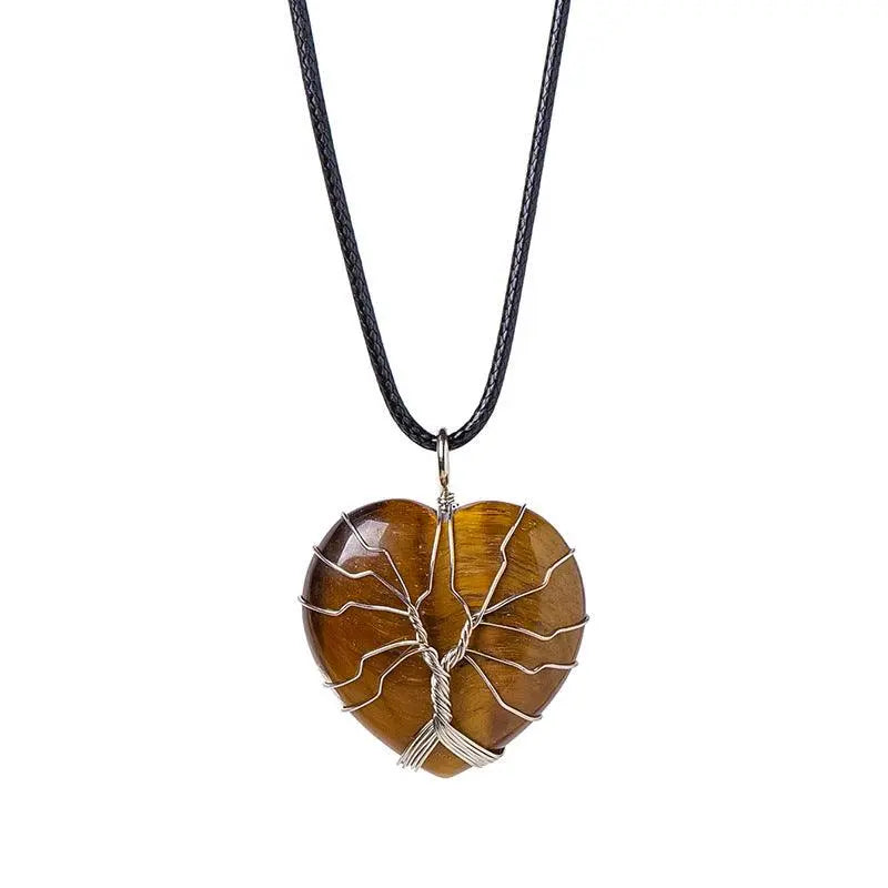 Tree of Life Wire-Wrapped Heart-Shaped Crystal Pendant Necklace - Shinepurity