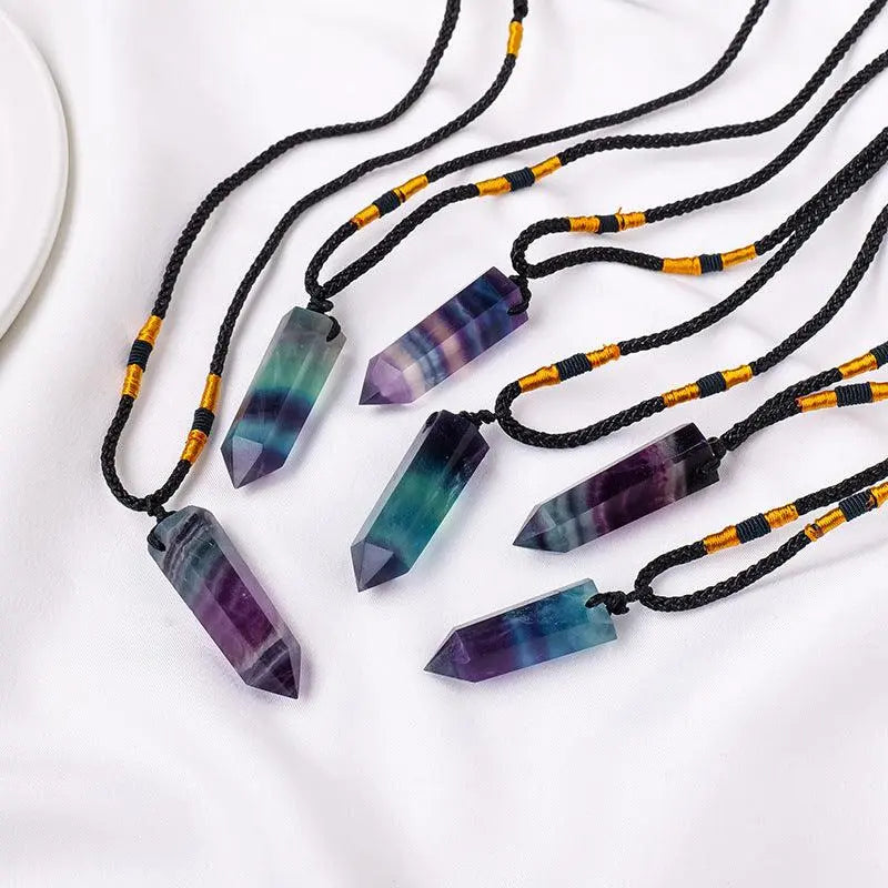 Natural Crystal Multicolor Fluorite Single-Point Hexagonal Prism Pendant Necklace - Shinepurity