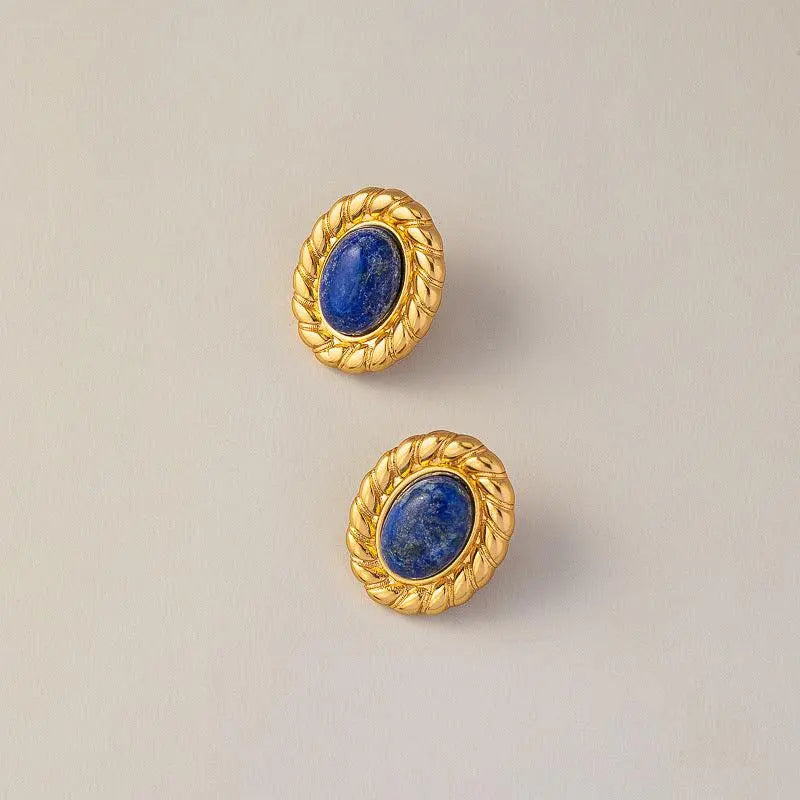 Vintage Oval-shaped Natural Lapis Lazuli Ear Studs - Shinepurity