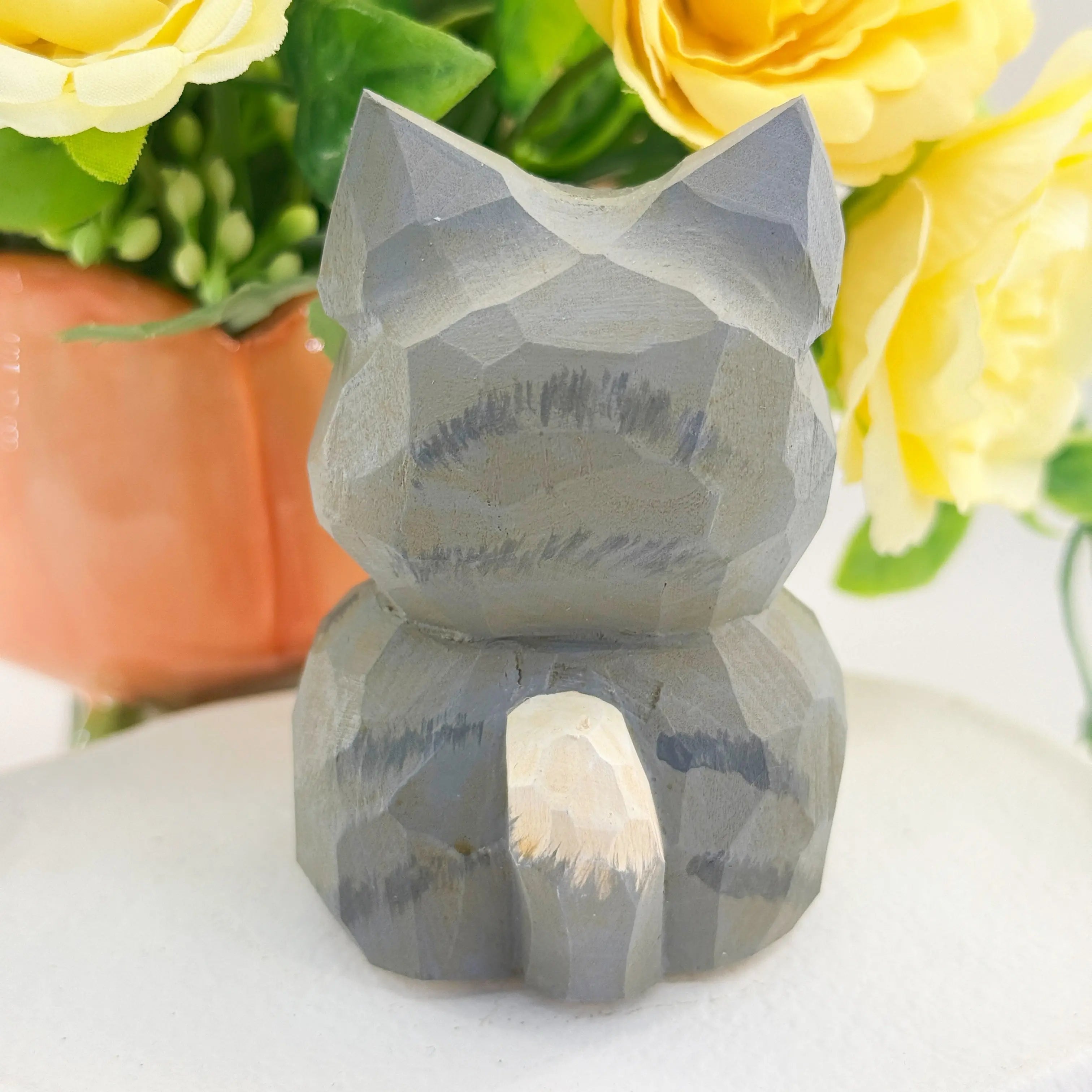 Hand-Carved Wooden Cat Holding Rose Quartz Shinepurity