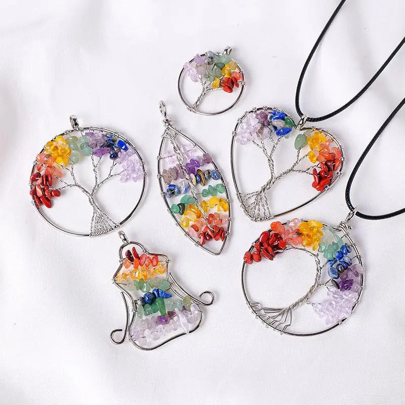 Multicolor Gravel Tree of Life Handmade Wire-Wrapped Pendant Necklace - Shinepurity