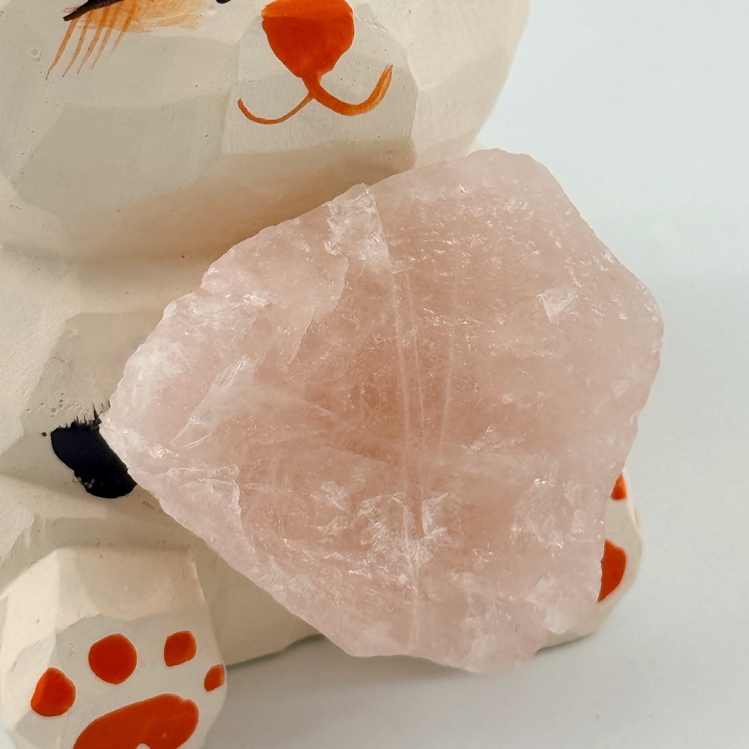 Hand-Carved Wooden Cat with Rose Quartz Crystal Decor Shinepurity
