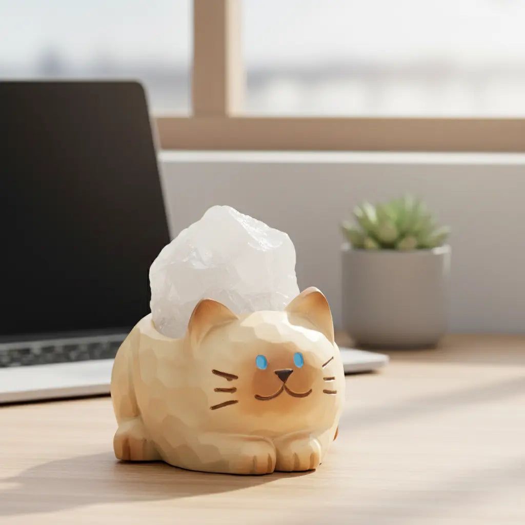 Crystal Cat Resin Decor -Resting Cat with Natural Crystal Shinepurity