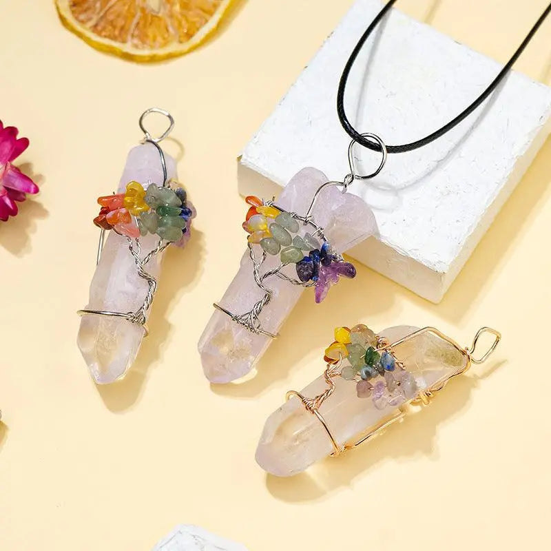 Multicolor Tree of Life Wrapped Natural Clear Quartz Single Crystal Hexagonal Prism Pendant Necklace - Shinepurity