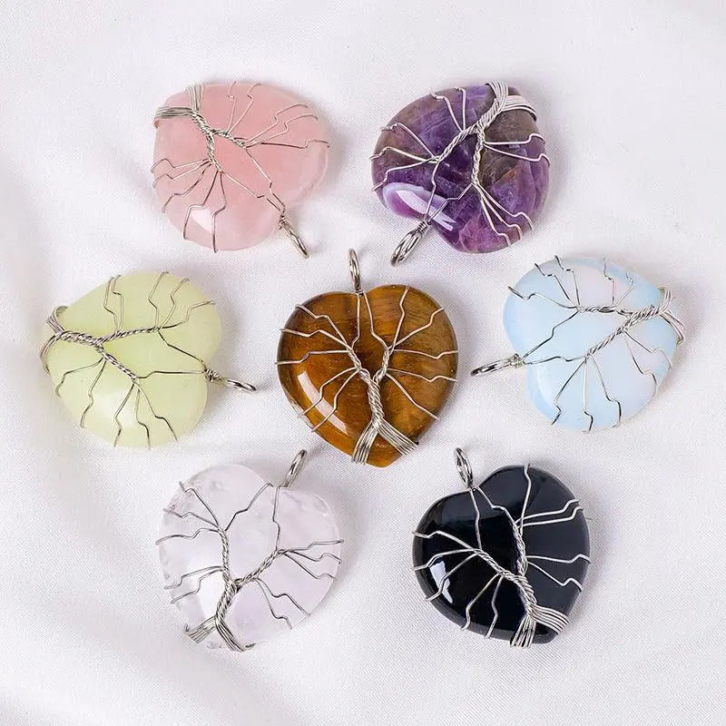 Tree of Life Wire-Wrapped Heart-Shaped Crystal Pendant Necklace - Shinepurity