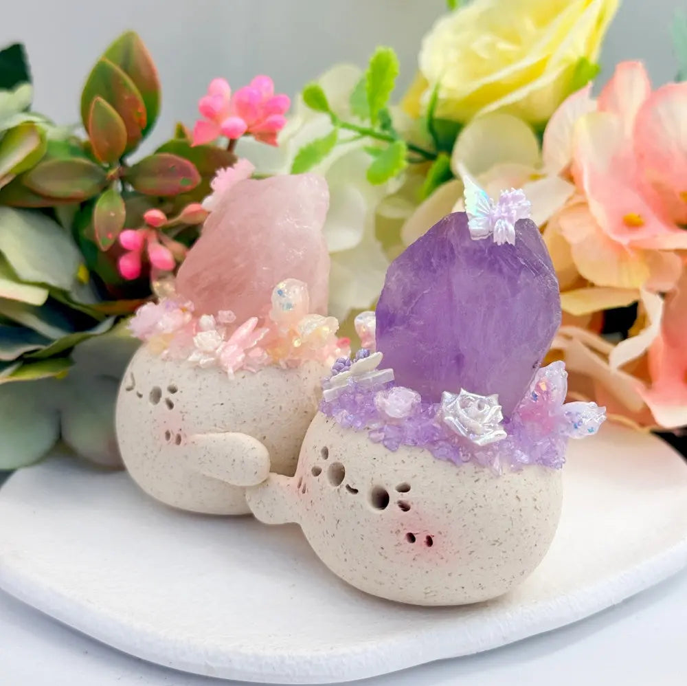 Customize | Healing Hugs Handcrafted Clay Pet with Raw Rose Quartz & Amethyst Shinepurity