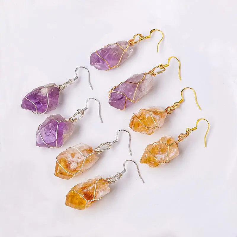 Handcrafted Wire-Wrapped Crystal Raw Stone Earrings - Shinepurity