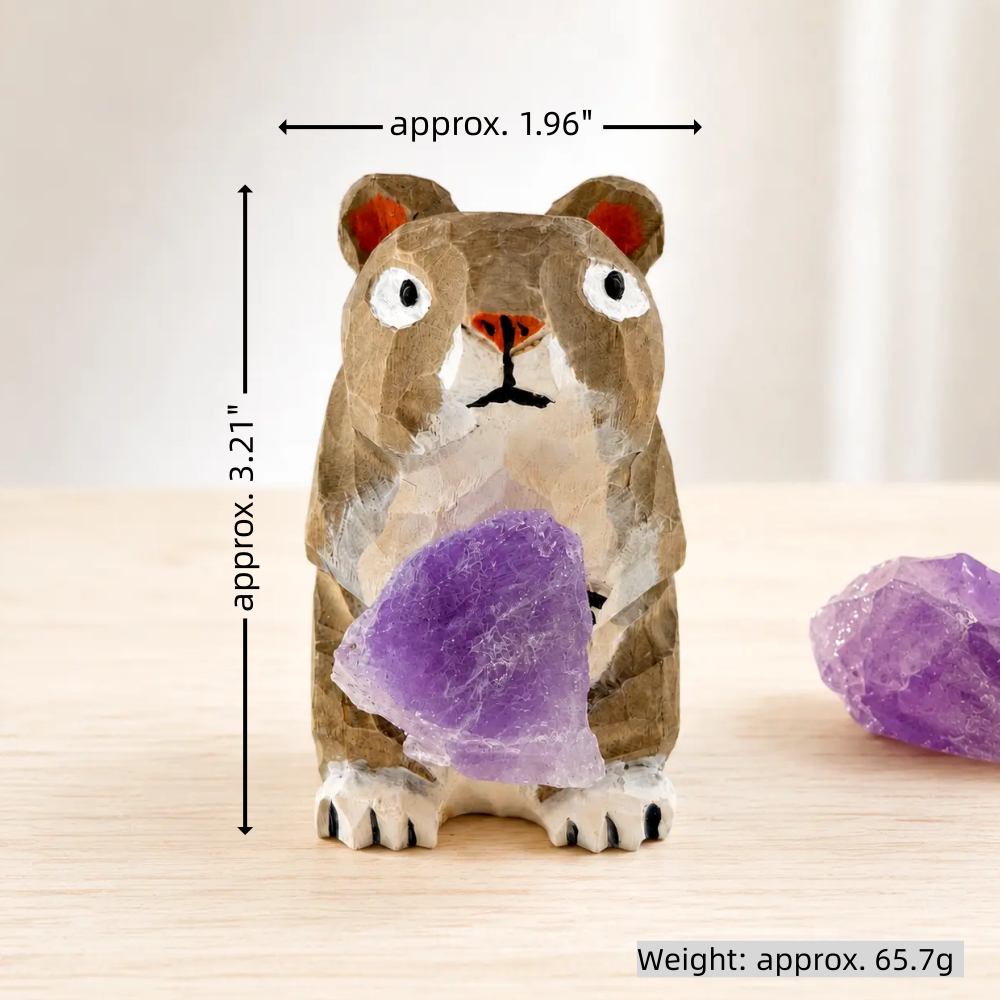 Hand-Carved Wooden Hamster Amethyst Crystal Desk Decor Shinepurity