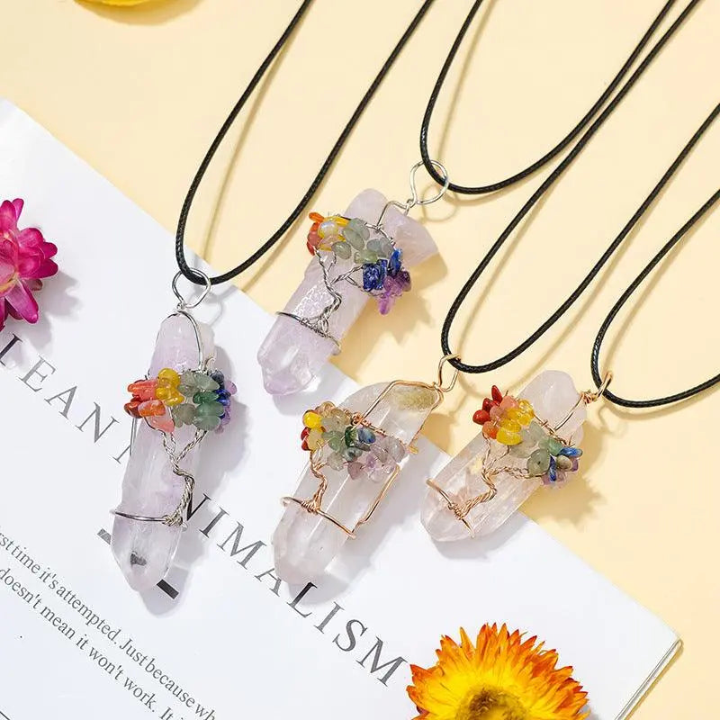 Multicolor Tree of Life Wrapped Natural Clear Quartz Single Crystal Hexagonal Prism Pendant Necklace - Shinepurity