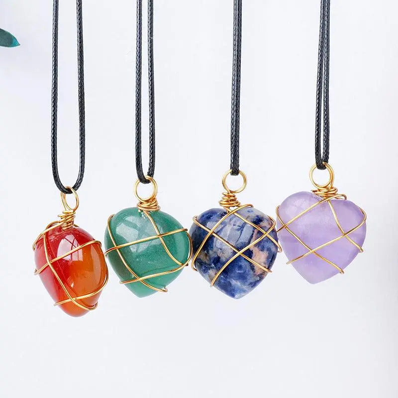 Gold-Wrapped Wire Heart-Shaped Crystal Pendant Necklace - Shinepurity
