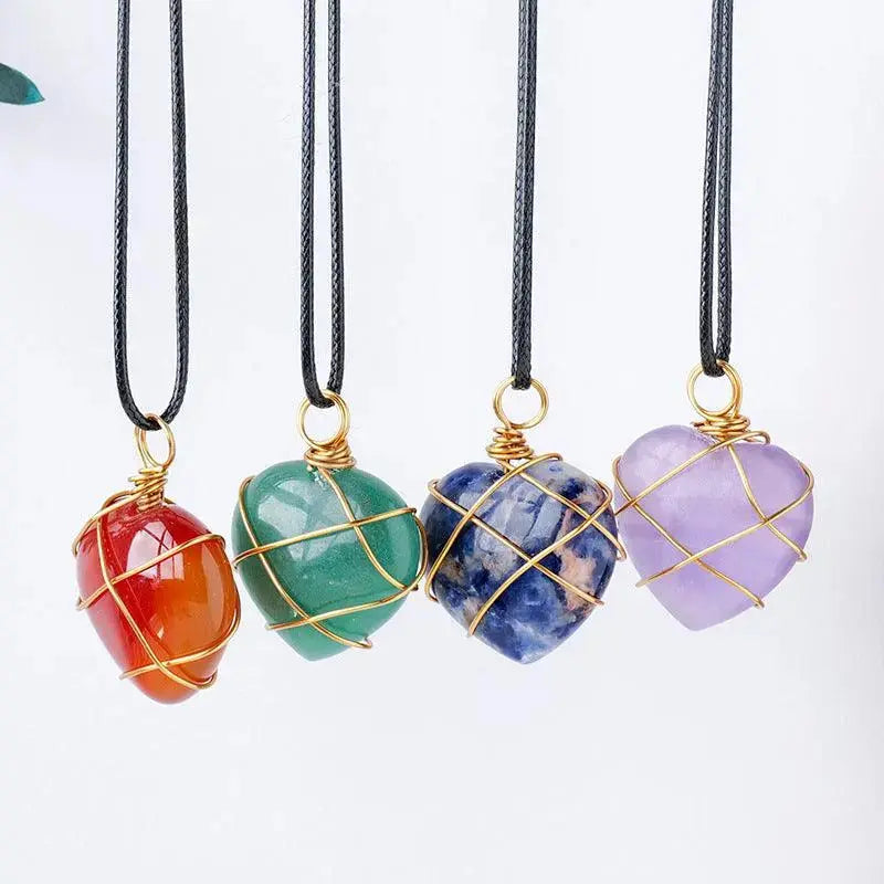 Gold-Wrapped Wire Heart-Shaped Crystal Pendant Necklace - Shinepurity