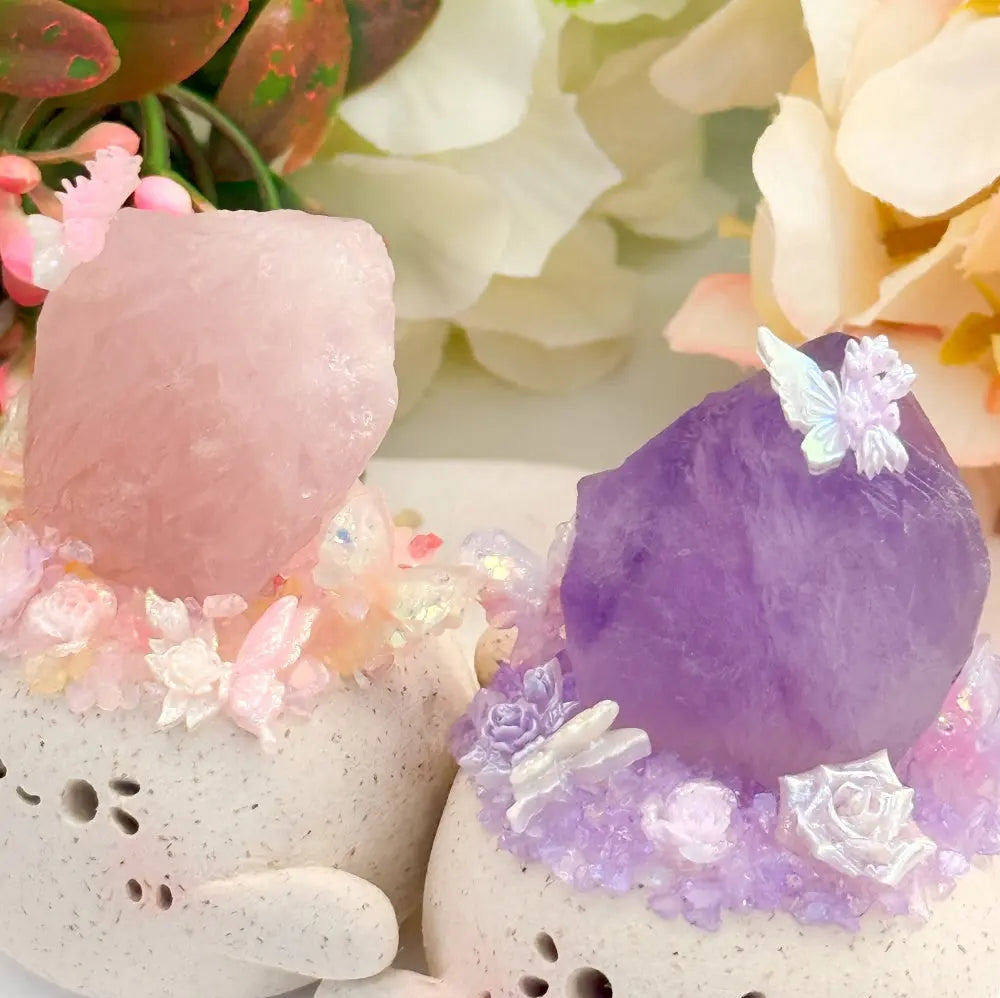 Customize | Healing Hugs Handcrafted Clay Pet with Raw Rose Quartz & Amethyst Shinepurity