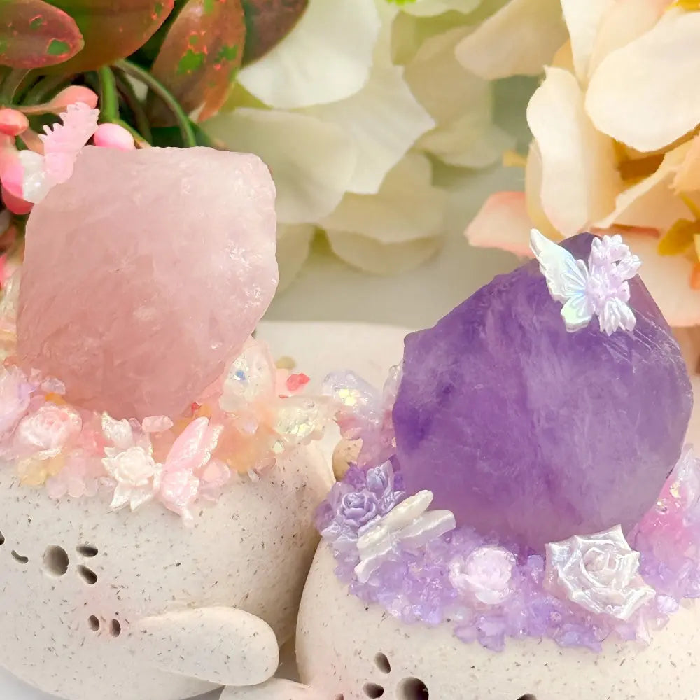 Customize | Healing Hugs Handcrafted Clay Pet with Raw Rose Quartz & Amethyst Shinepurity