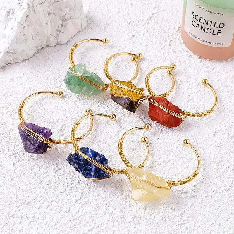 Irregular Crystal Raw Stone Wire-Wrapped Open Bangle - Shinepurity