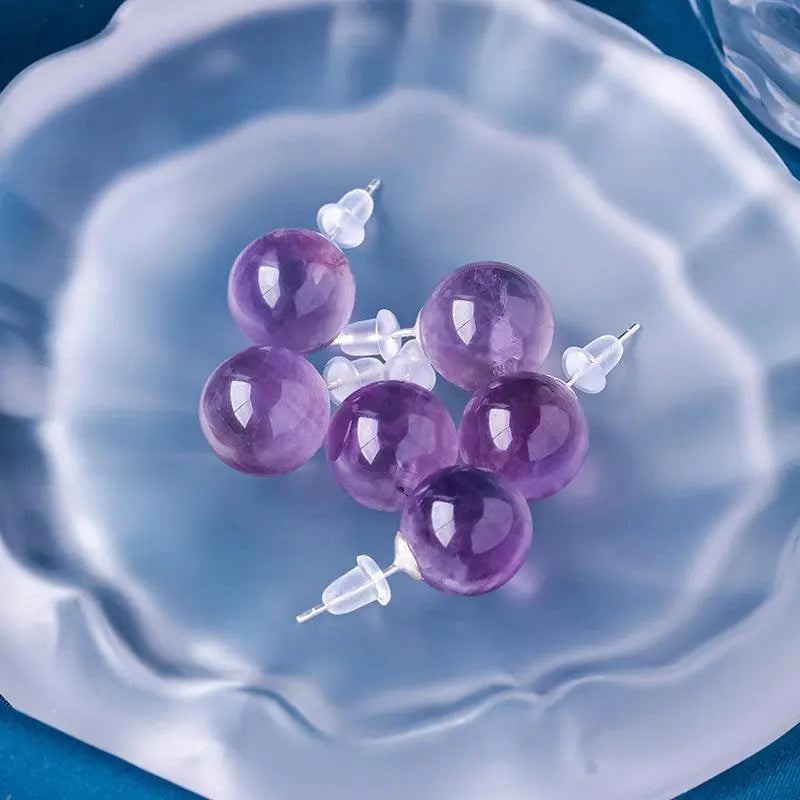S925 Sterling Silver Natural Brazilian Amethyst Round Stud Earrings - Shinepurity