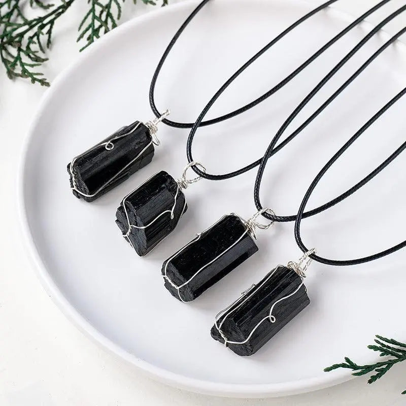 Irregular Black Tourmaline Wire-Wrapped Pendant Necklace - Shinepurity