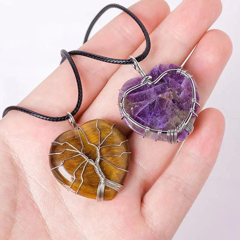 Tree of Life Wire-Wrapped Heart-Shaped Crystal Pendant Necklace - Shinepurity