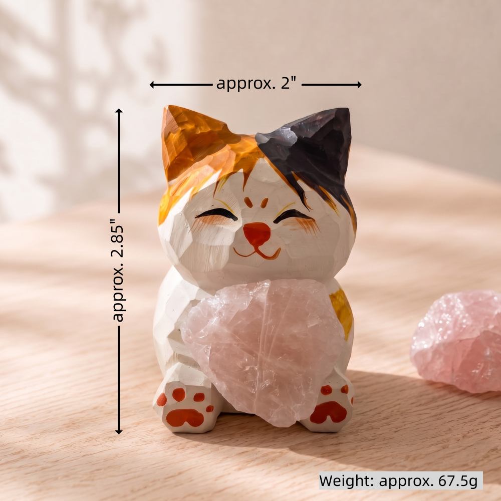 Hand-Carved Wooden Cat with Rose Quartz Crystal Decor Shinepurity