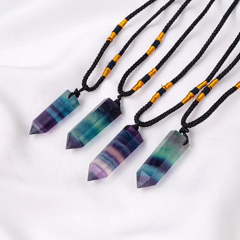 Natural Crystal Multicolor Fluorite Single-Point Hexagonal Prism Pendant Necklace - Shinepurity