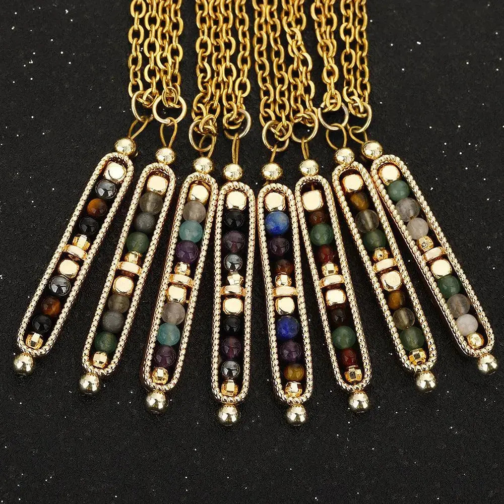 Collection of light luxury small stone bead pendant necklaces with natural crystal and stainless steel accents.