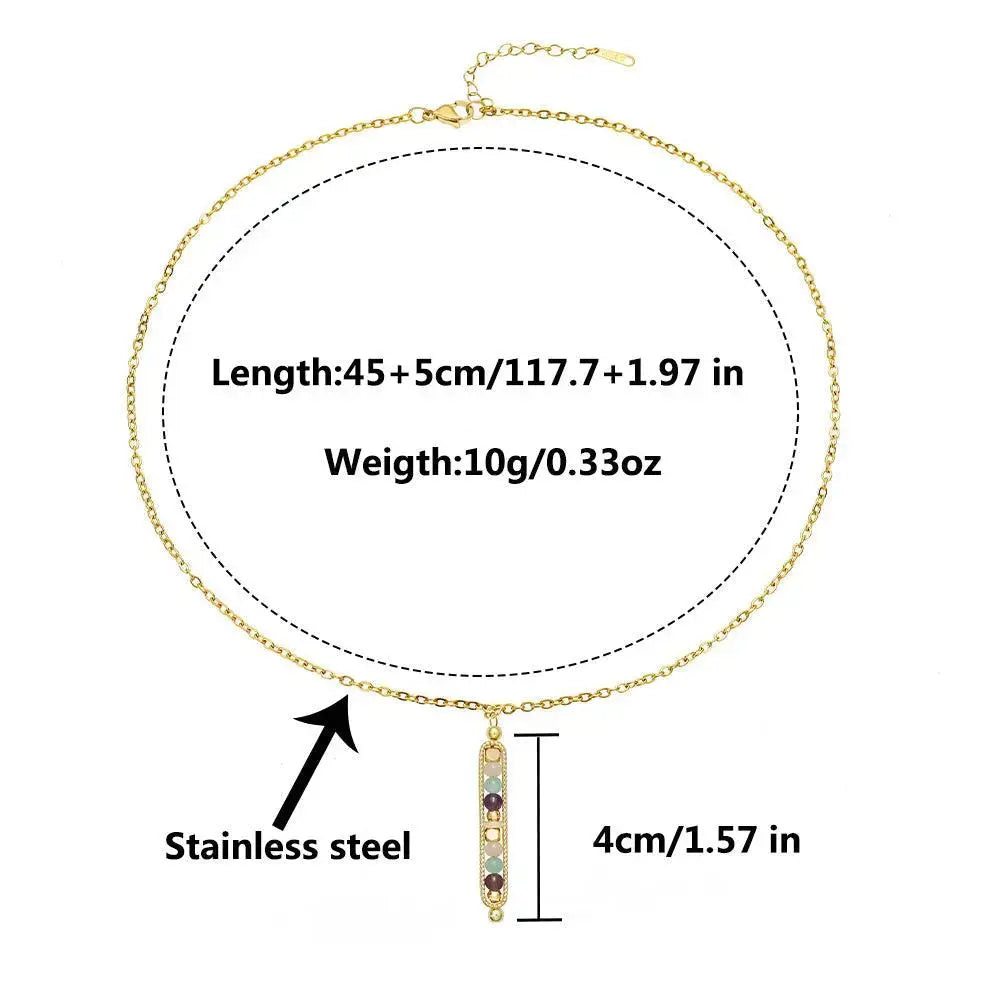 Light luxury small stone bead pendant necklace in gold with natural crystal beads and stainless steel, measuring 4cm and 45cm+5cm.