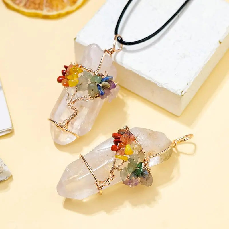 Multicolor Tree of Life Wrapped Natural Clear Quartz Single Crystal Hexagonal Prism Pendant Necklace - Shinepurity