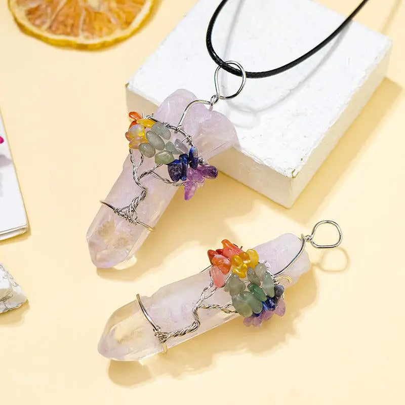 Multicolor Tree of Life Wrapped Natural Clear Quartz Single Crystal Hexagonal Prism Pendant Necklace - Shinepurity