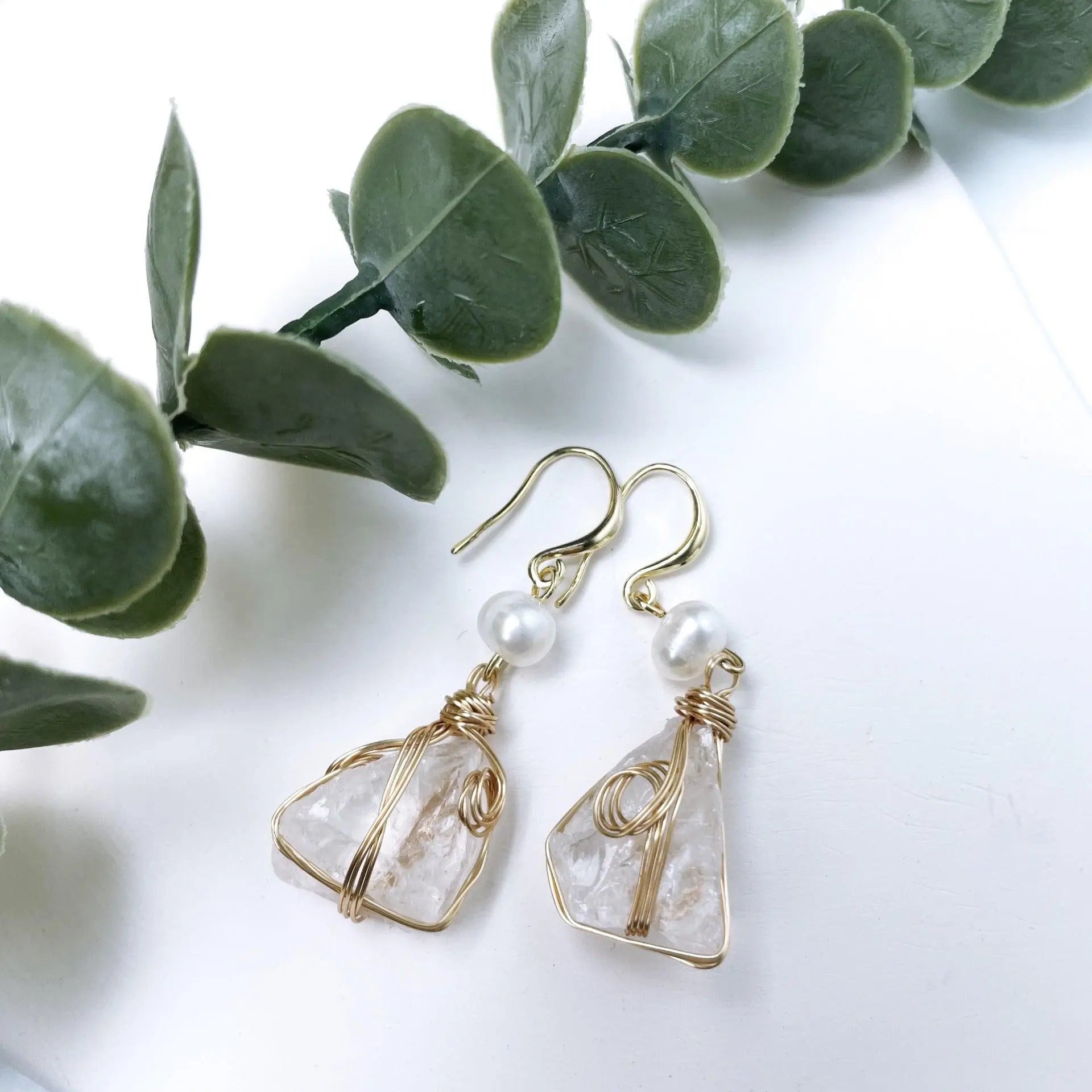 Irregular Geometric Wire-Wrapped Natural Crystal Stone with Freshwater Pearl Earrings - Shinepurity