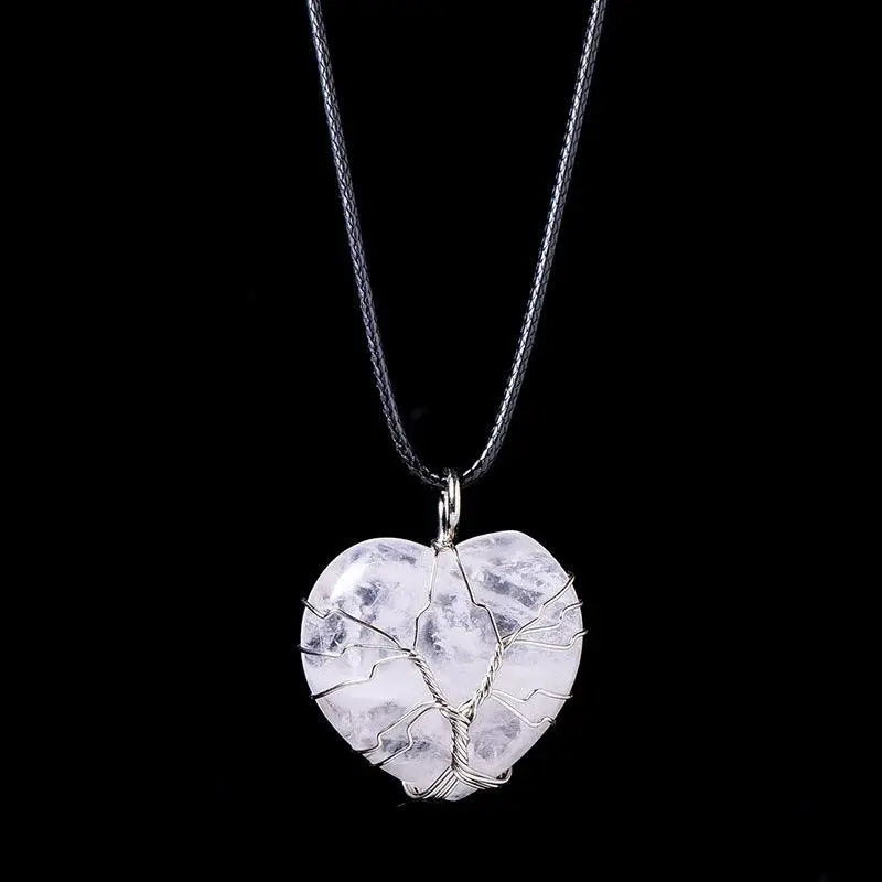 Tree of Life Wire-Wrapped Heart-Shaped Crystal Pendant Necklace - Shinepurity