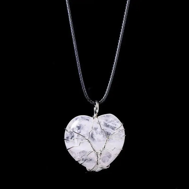 Tree of Life Wire-Wrapped Heart-Shaped Crystal Pendant Necklace - Shinepurity