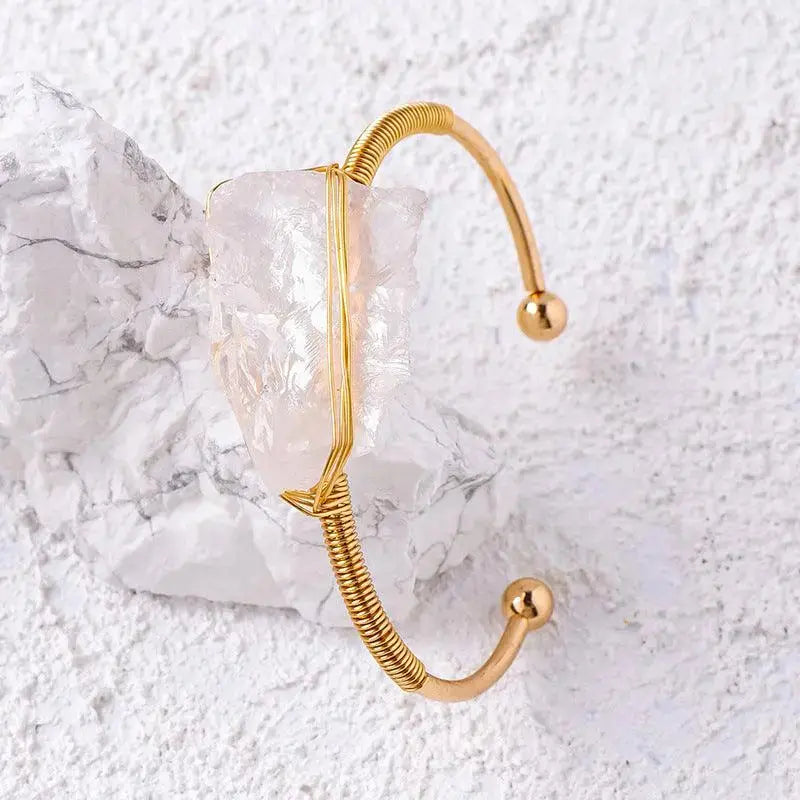 Irregular Crystal Raw Stone Wire-Wrapped Open Bangle - Shinepurity
