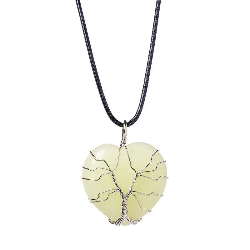 Tree of Life Wire-Wrapped Heart-Shaped Crystal Pendant Necklace - Shinepurity