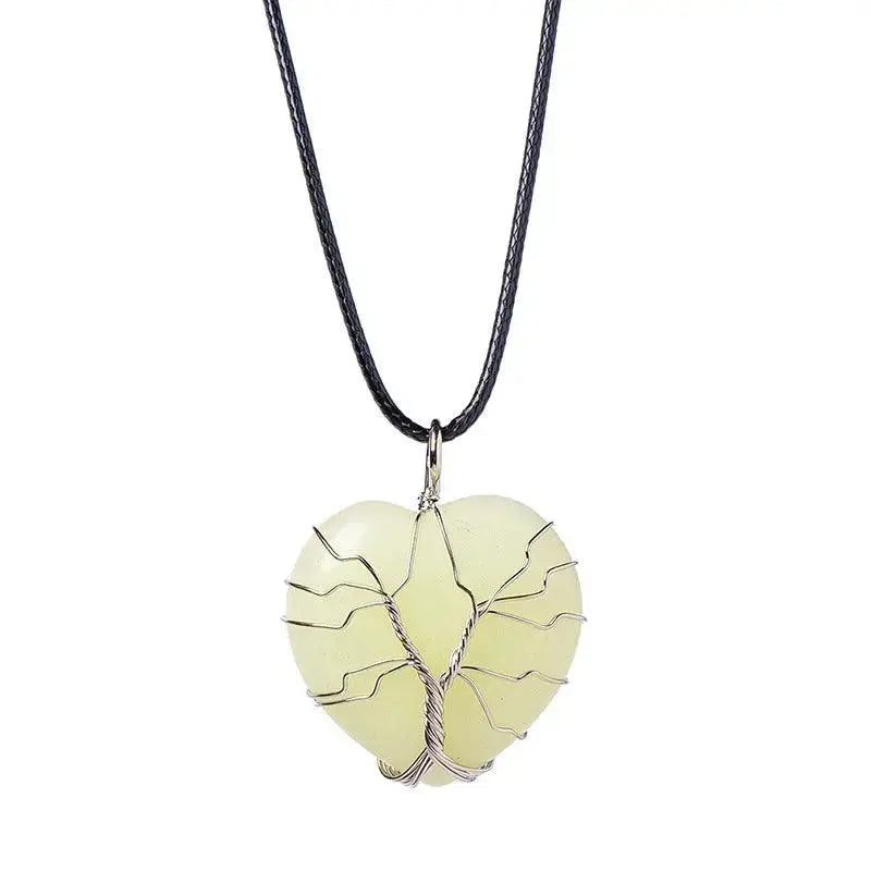 Tree of Life Wire-Wrapped Heart-Shaped Crystal Pendant Necklace - Shinepurity