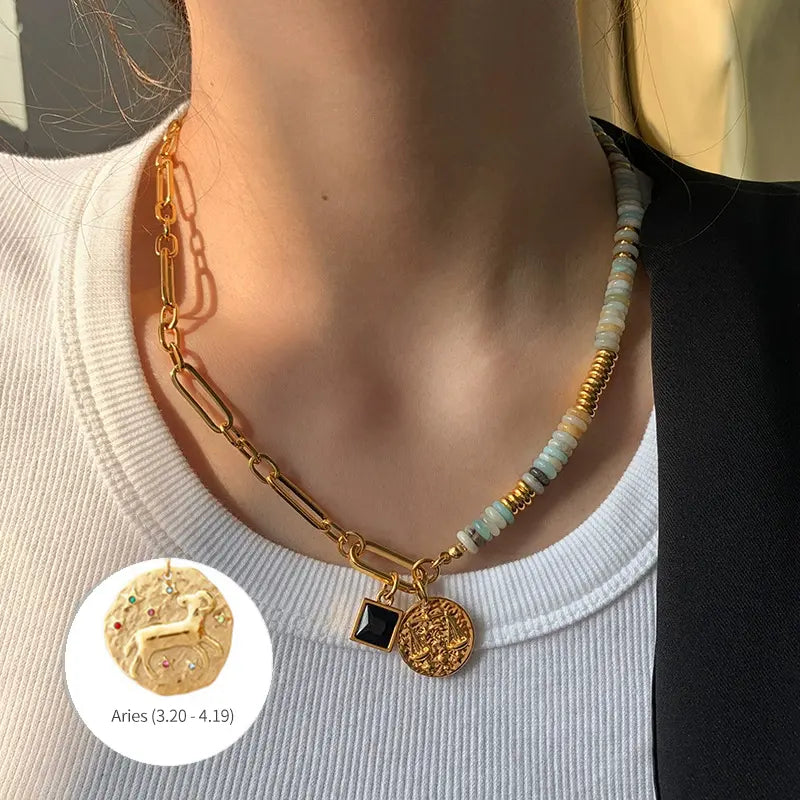 12 Zodiac Natural Stone Asymmetrical Design Luxe Necklace Shinepurity