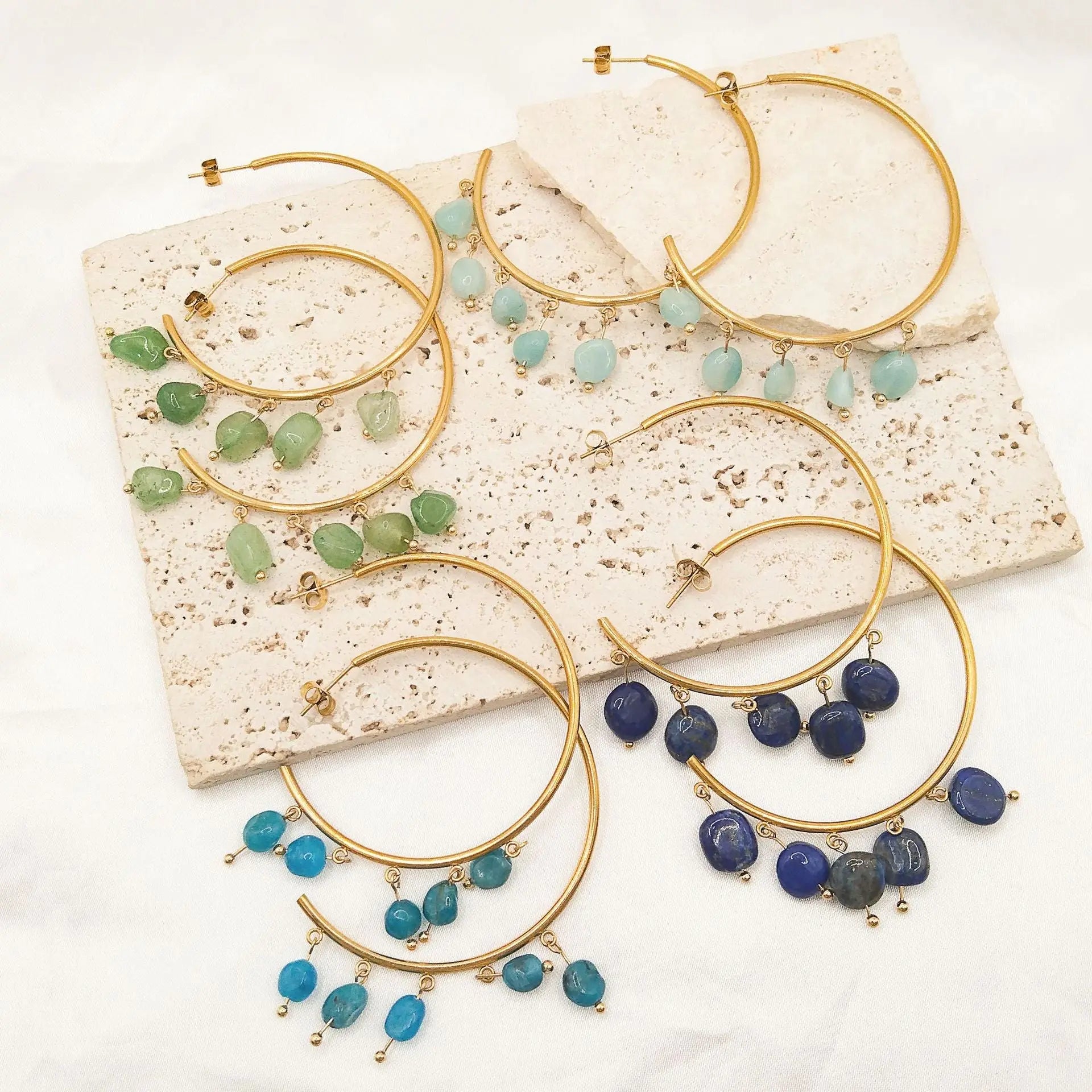 Bohemian Style Natural Crystal Stone Pendant C-Shaped Hoop Earrings Shinepurity
