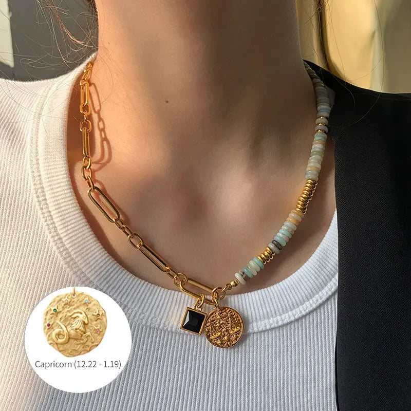 12 Zodiac Natural Stone Asymmetrical Design Luxe Necklace Shinepurity