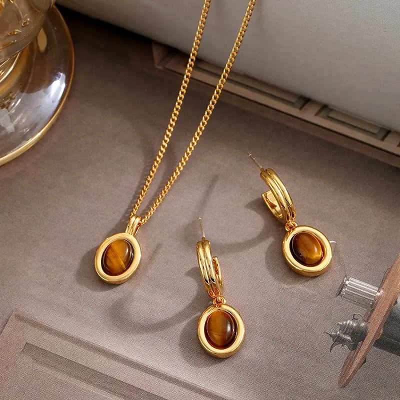 Earth-Tone Tiger's Eye Necklace & Earring Vintage Simplicity with Natural Energy Shinepurity