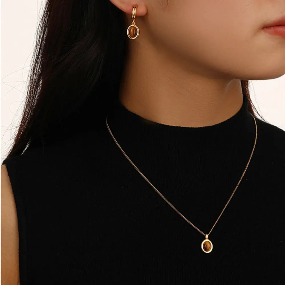 Earth-Tone Tiger's Eye Necklace & Earring Vintage Simplicity with Natural Energy Shinepurity