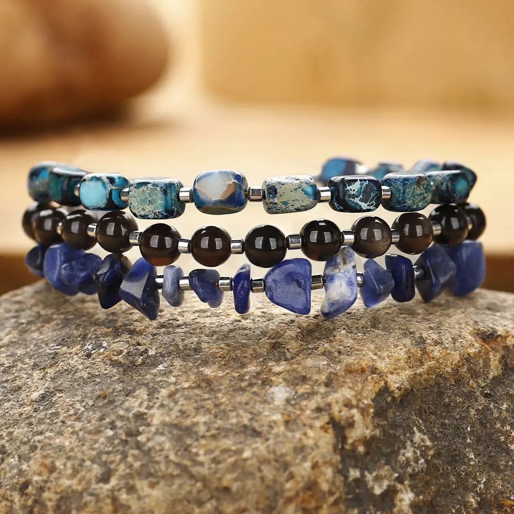 Emperor Stone Series Sodalite Chip and Golden Obsidian Combination Multi-Layer Bracelet Shinepurity
