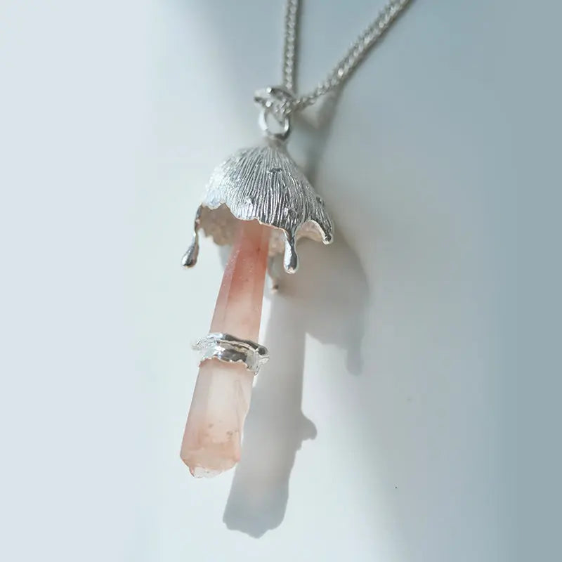 "Forest Rebirth" Sterling Silver Red Rutilated Quartz Mushroom Necklace Pendant Shinepurity