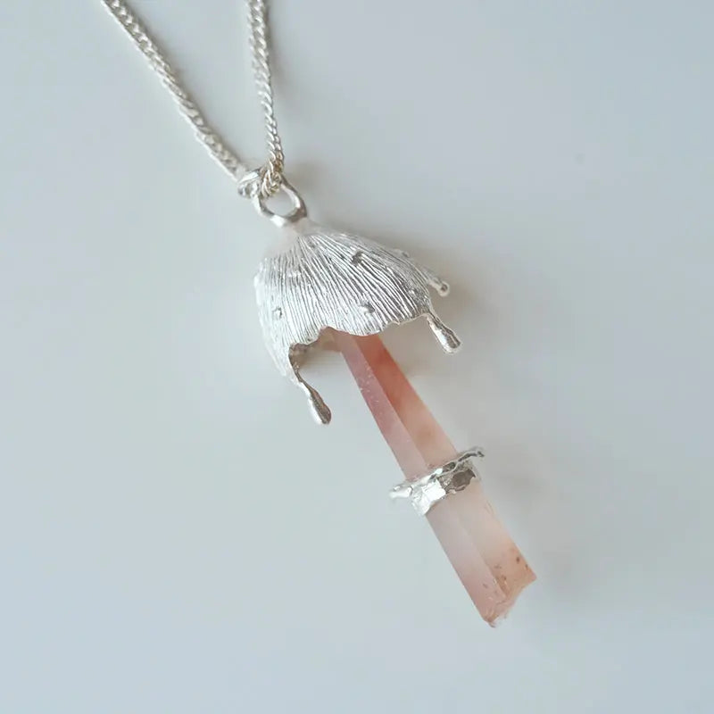 "Forest Rebirth" Sterling Silver Red Rutilated Quartz Mushroom Necklace Pendant Shinepurity