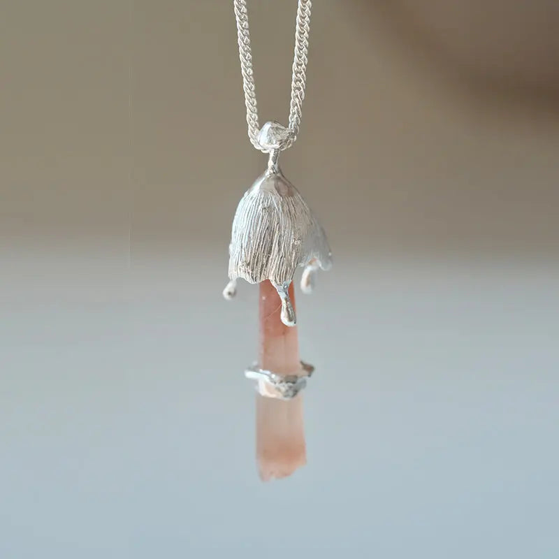 "Forest Rebirth" Sterling Silver Red Rutilated Quartz Mushroom Necklace Pendant Shinepurity