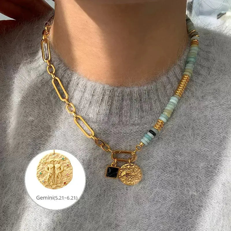 12 Zodiac Natural Stone Asymmetrical Design Luxe Necklace Shinepurity