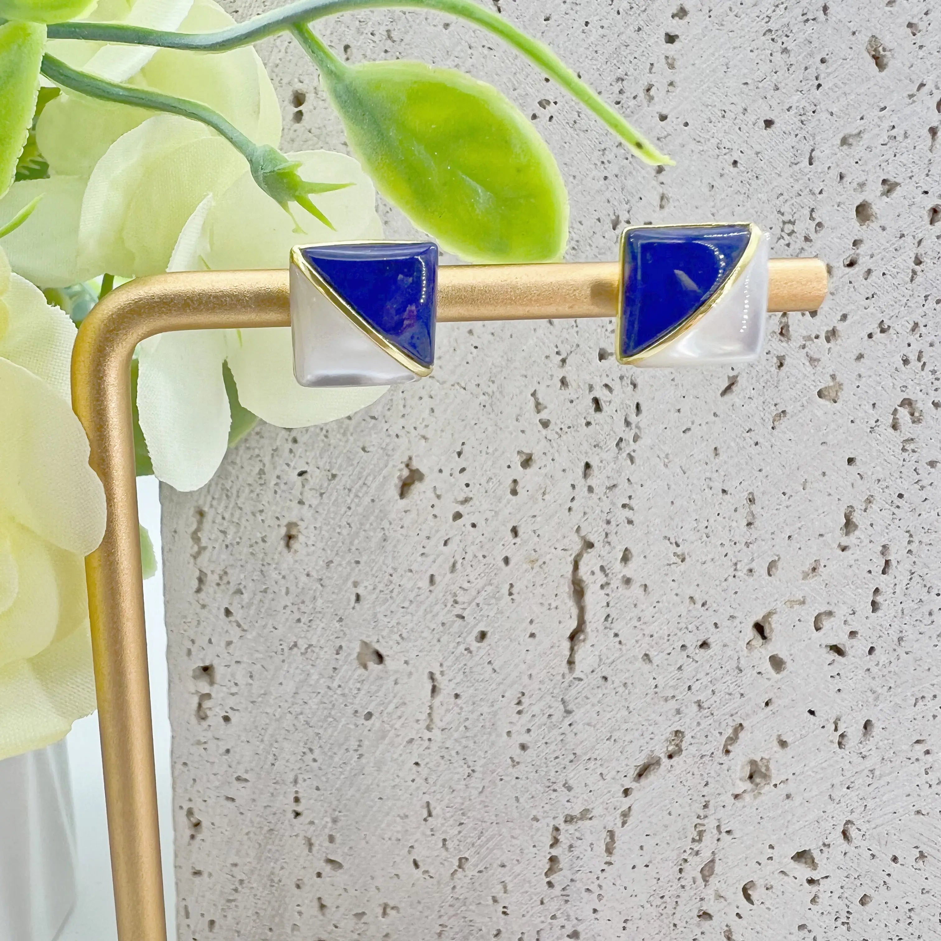 Geometric Aesthetic Lapis Lazuli & Mother-of-Pearl Stud Earrings Shinepurity