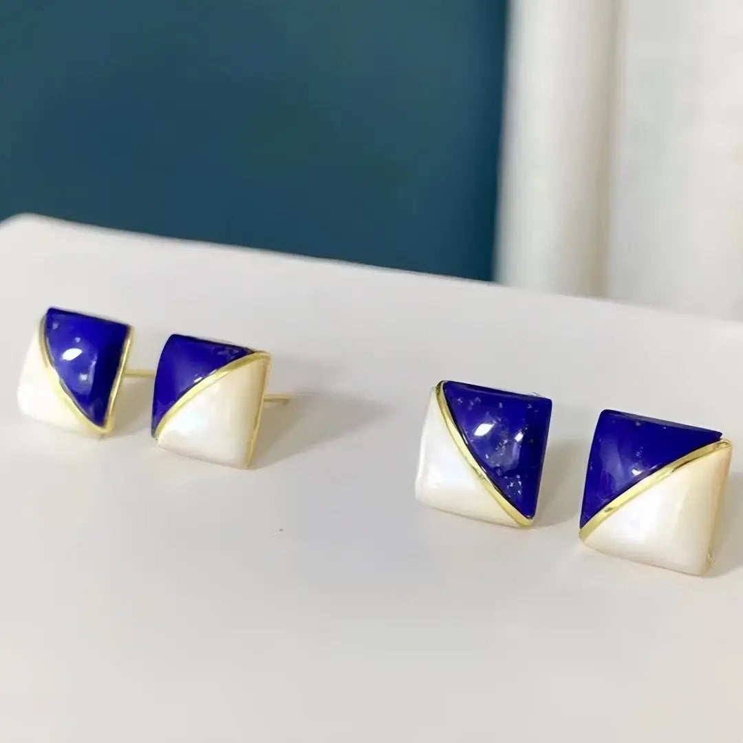 Geometric Aesthetic Lapis Lazuli & Mother-of-Pearl Stud Earrings Shinepurity