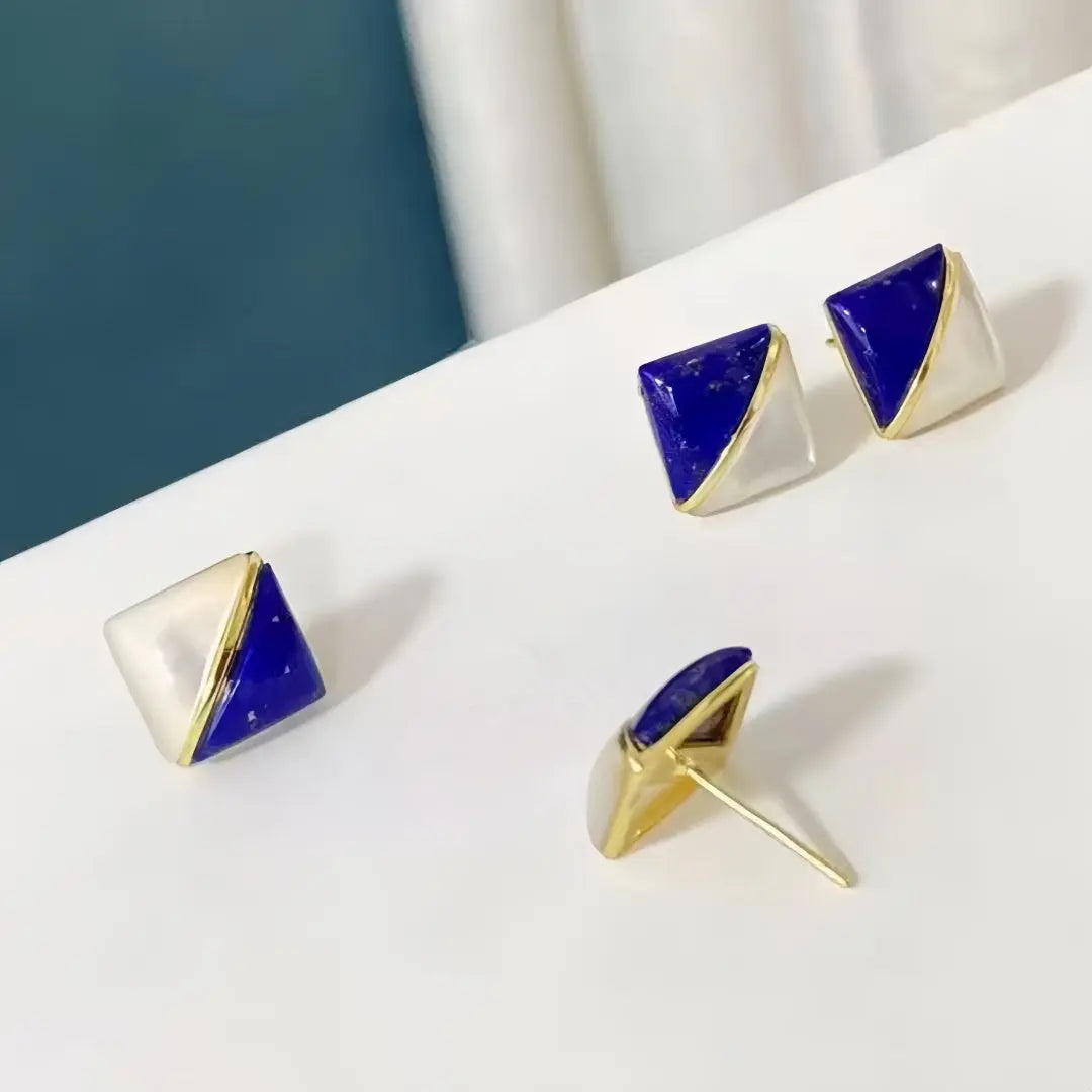 Geometric Aesthetic Lapis Lazuli & Mother-of-Pearl Stud Earrings Shinepurity