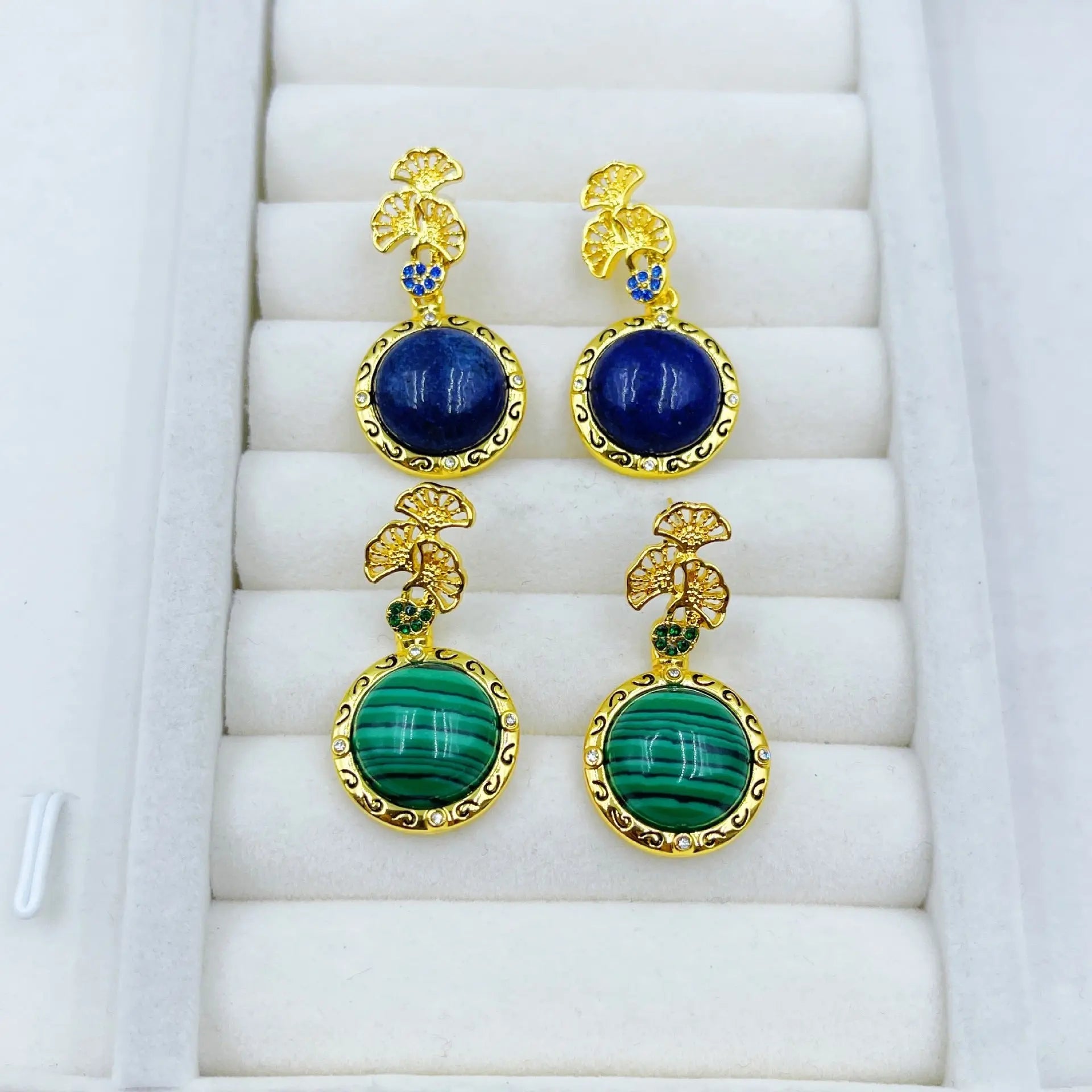 Ginkgo Leaf Hollow Inlaid Natural Lapis Lazuli Vintage Earrings Shinepurity