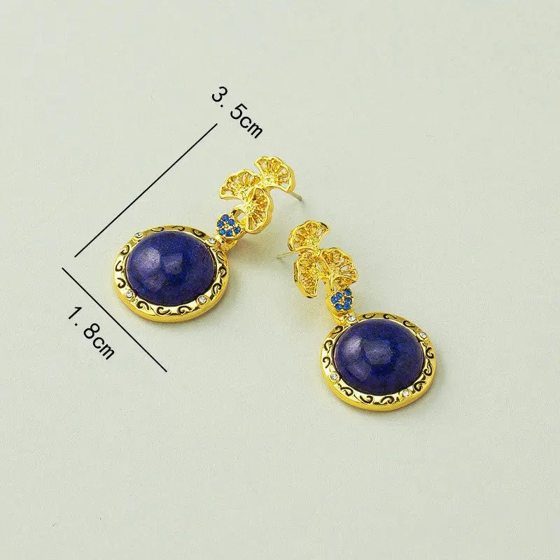 Ginkgo Leaf Hollow Inlaid Natural Lapis Lazuli Vintage Earrings Shinepurity