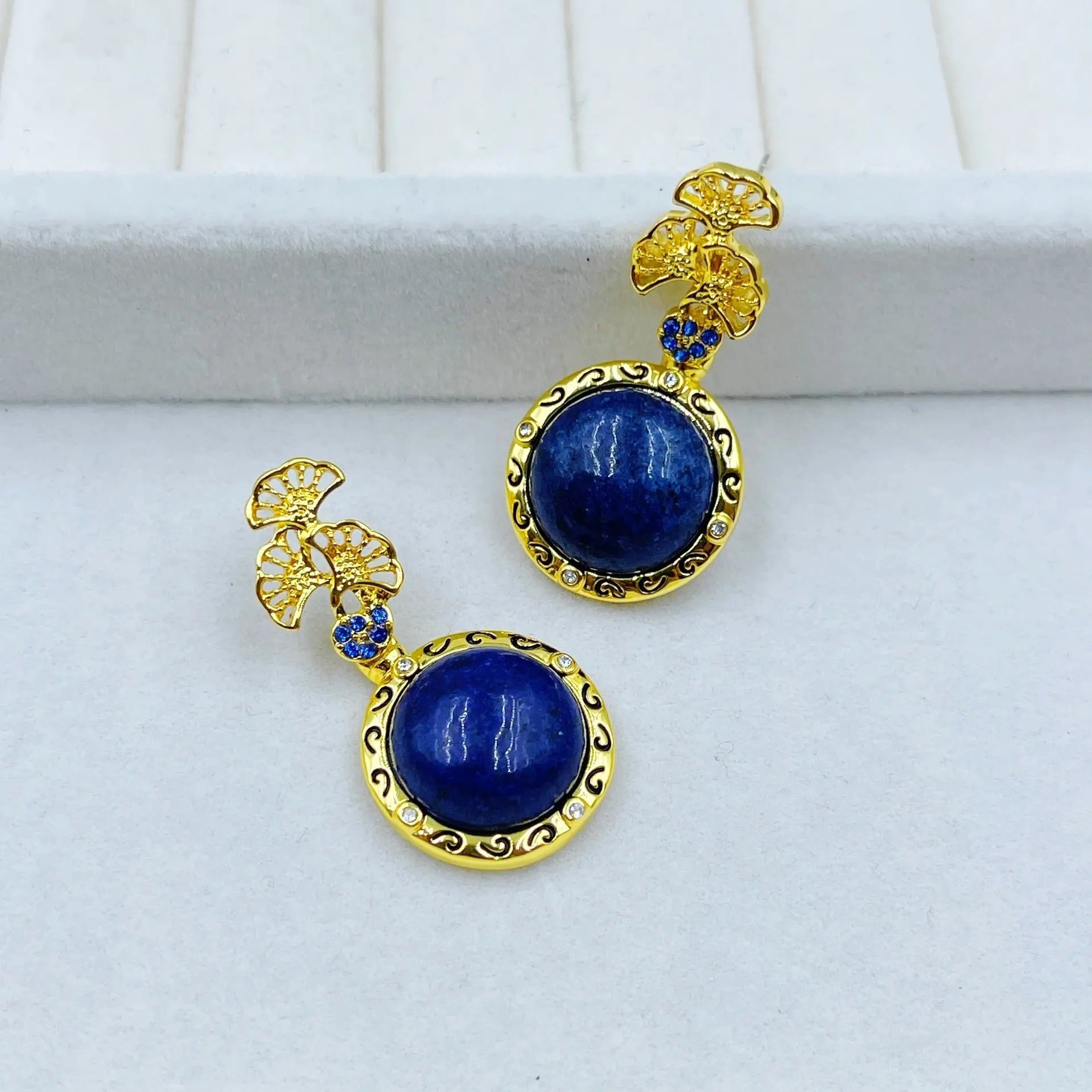 Ginkgo Leaf Hollow Inlaid Natural Lapis Lazuli Vintage Earrings Shinepurity